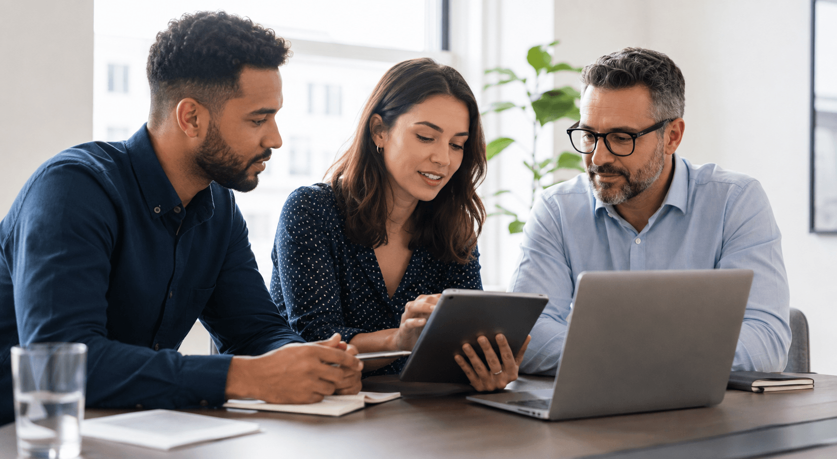 Consultants reviewing a product plan together